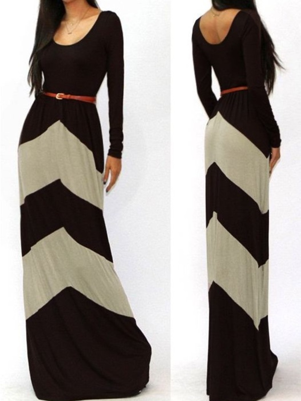 Black & Cream Chevron Color Block Long sleeve Maxi Dress Medium NWOT